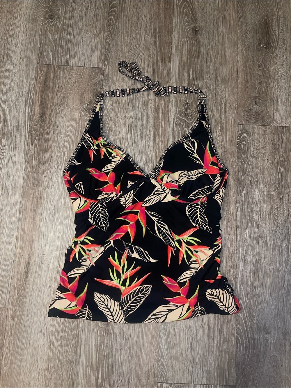 Athleta Black Halter Swim Top with Pink & Green Floral Trim 38 b c vacation